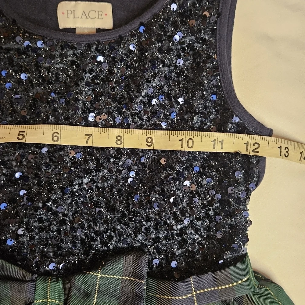 The Children's Place Girls Blue Sequined Top And Green Plaid Bottom Dress Size 8